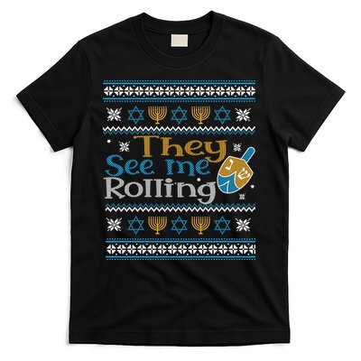 Hanukkah Jewish Dreidel They See Me Rolling Ugly Sweater T-Shirt Hoodie Sweatshirt | TeeSparky.com