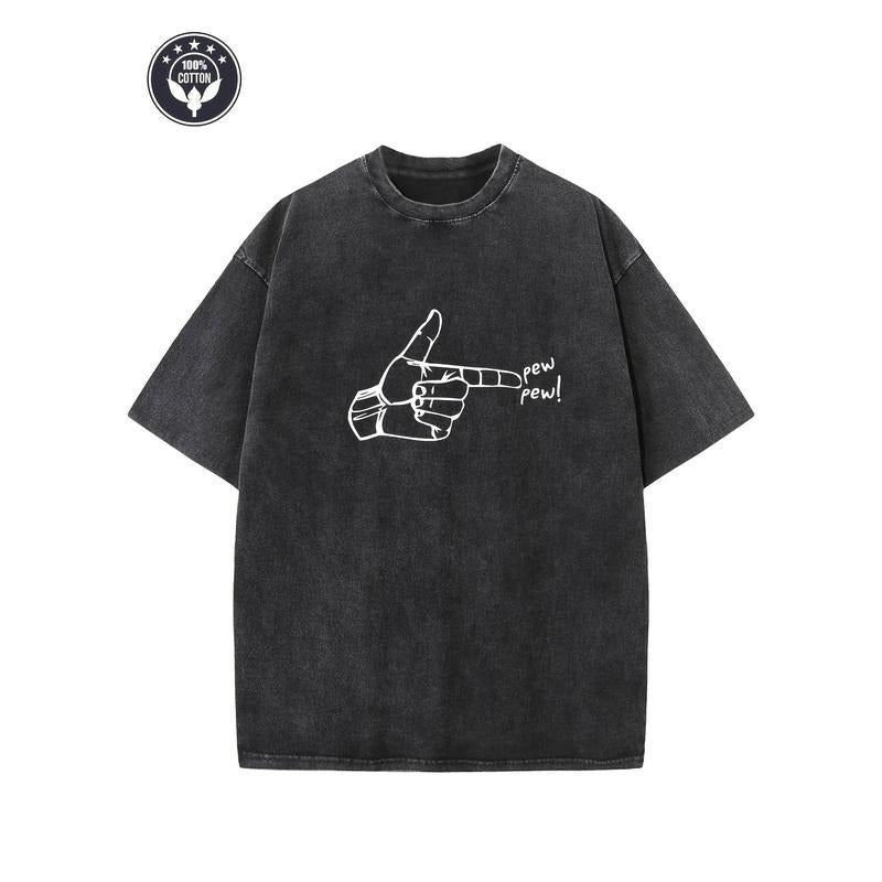 "pew Pew!" Creative Pattern Printing Heavy 230g Pure Cotton Oversized Drop Shoulder T-shirt Washed T-shirt Men's Retro Street T-shirt Basic T-shirt Loose Hip-hop Unisex Top Acid Wash T-shirt
