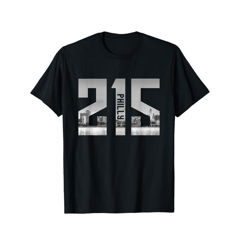 Vintage Philadelphia Philly 215 Area Code Skyline T-Shirt Cotton Fun Design DIYMen's Soft breathable Summer and winter comfortable casual sports Halloween and Christmas gifts