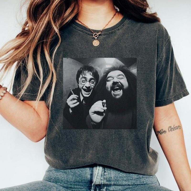 Funny Harry and Hargid Smoking Shirt, Potter Tshirt Wizarding Fan Birthday Gift Potter Book Funny, 90s Vintage Meme Shirt, Full Size, Full Color, Gift for Women