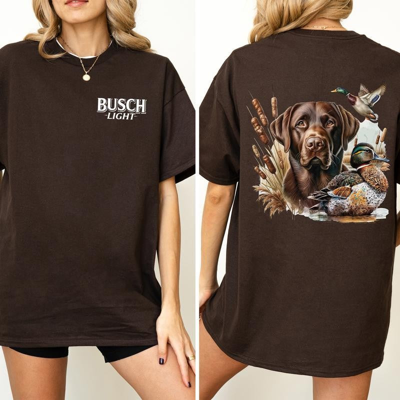 Busch Light Dog and Duck Graphic 2-Sided Shirt, Vintage Mallard Hunting Tshirt, Outdoors Dog Hunting Duck T-shirt, Cotton Fabric Casual Womenswear